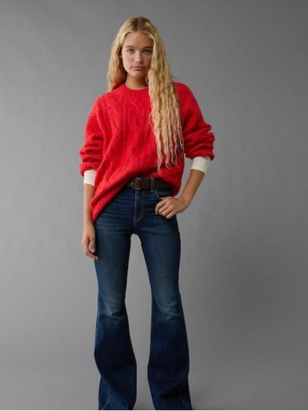 American Eagle Cable Knit Oversized Sweater So Soft Lounge Cozy Fall Red